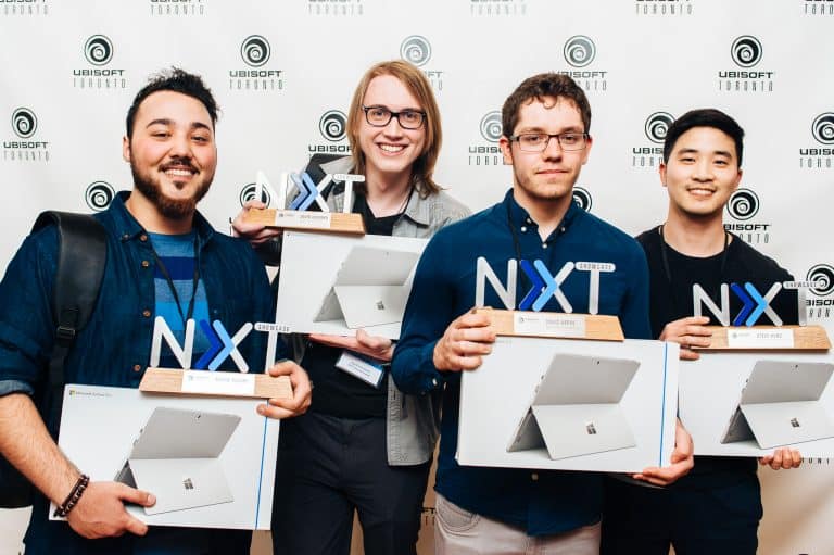 Winners of the Ubisoft Toronto NXT Showcase 2017 hold up their trophies