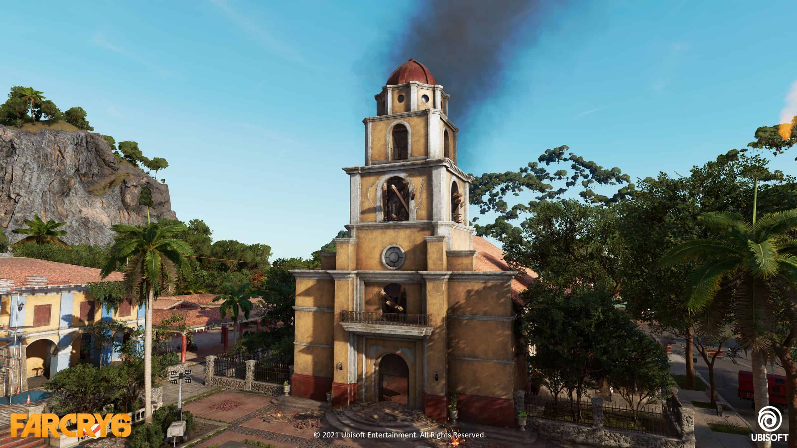 Far Cry 6 art, burning church