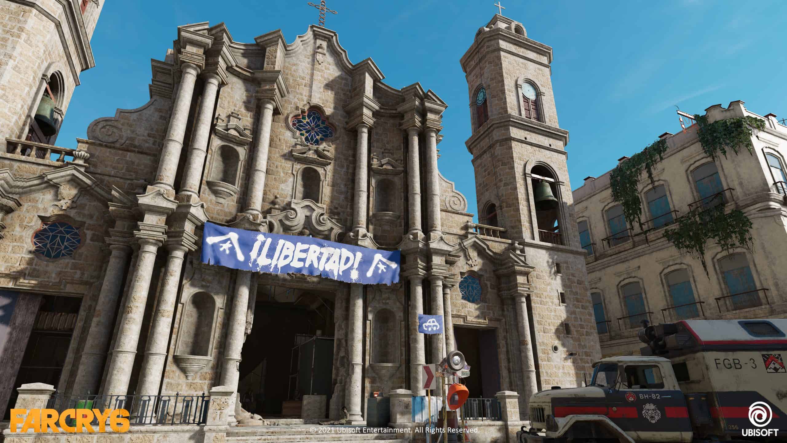 Cathedral with blue Libertad banner