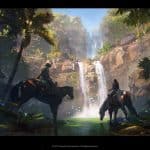 Art of two figures riding horses by waterfall