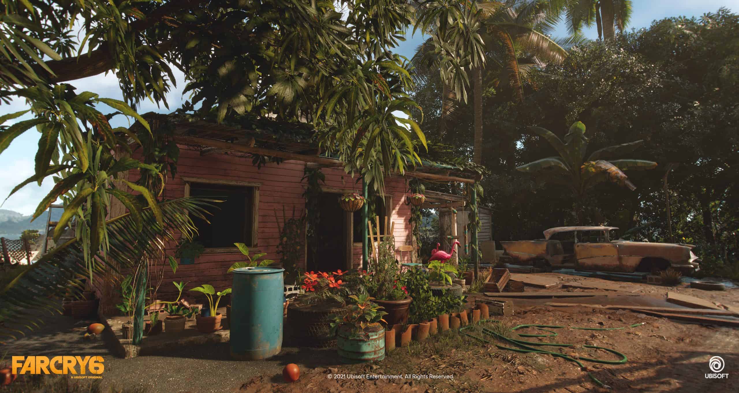 Far Cry 6 art, pink house with plants and plastic lawn flamingoes