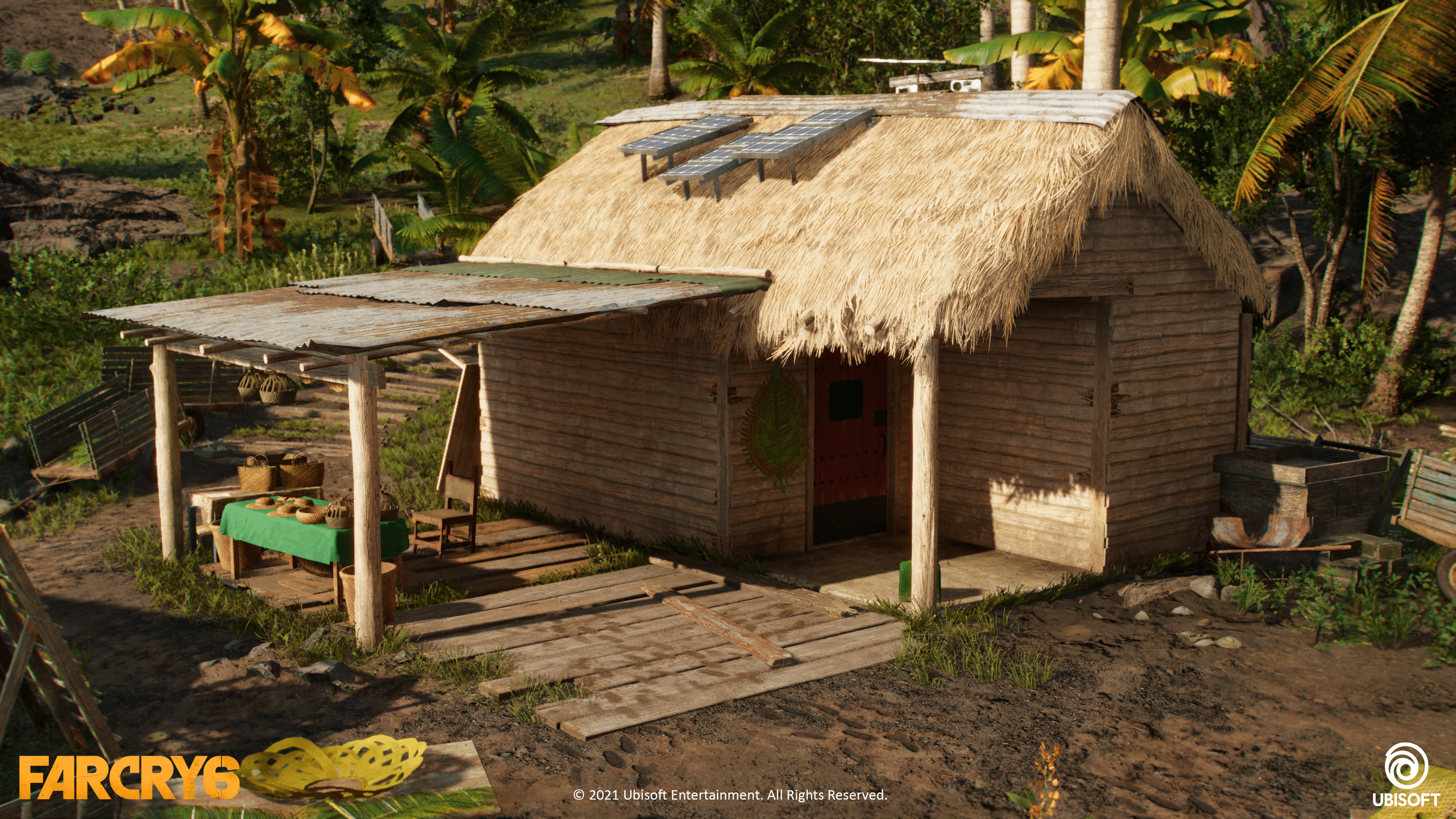Far Cry 6 art, straw hut with solar panels