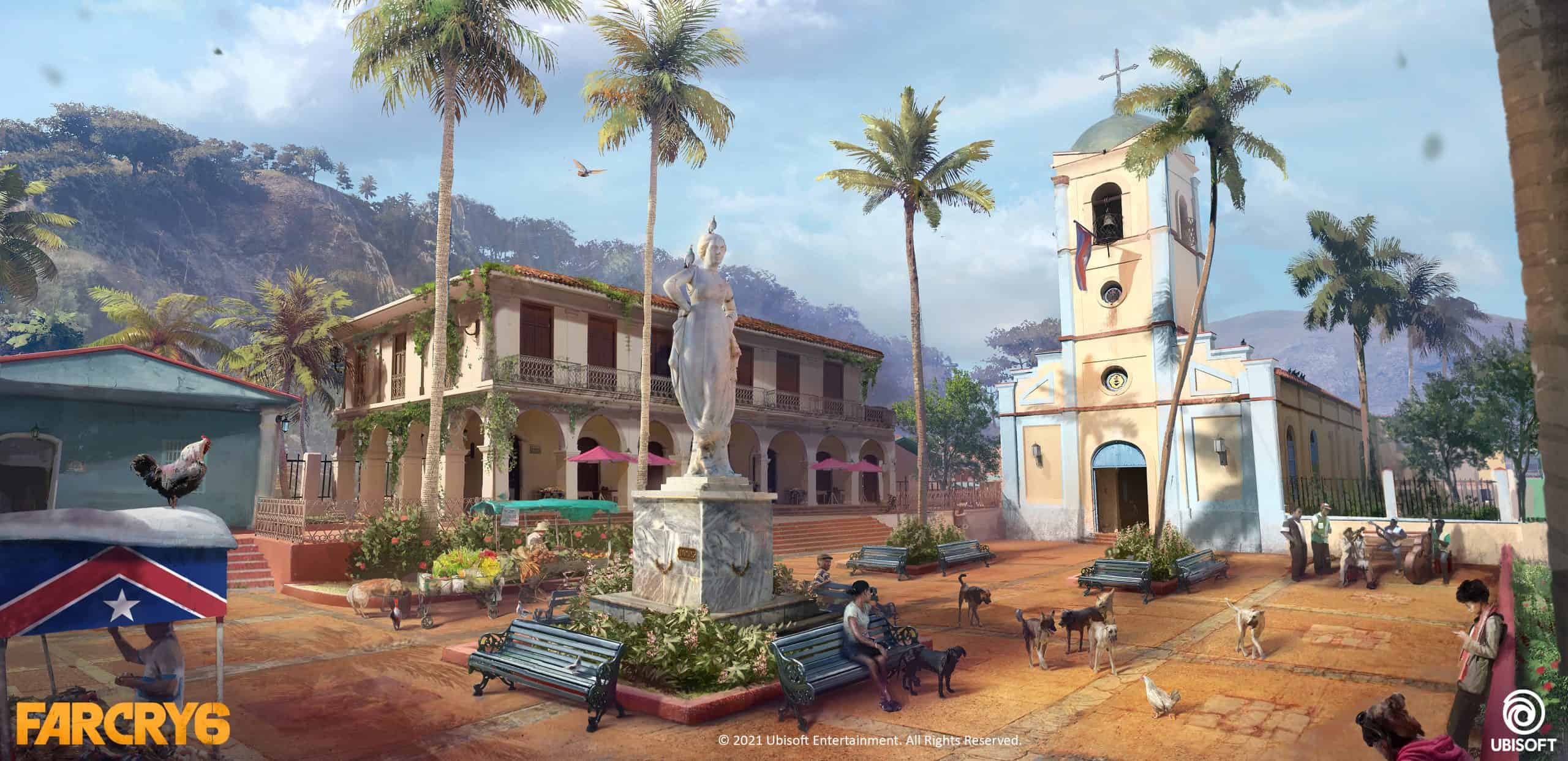 Market square with palm trees and statue