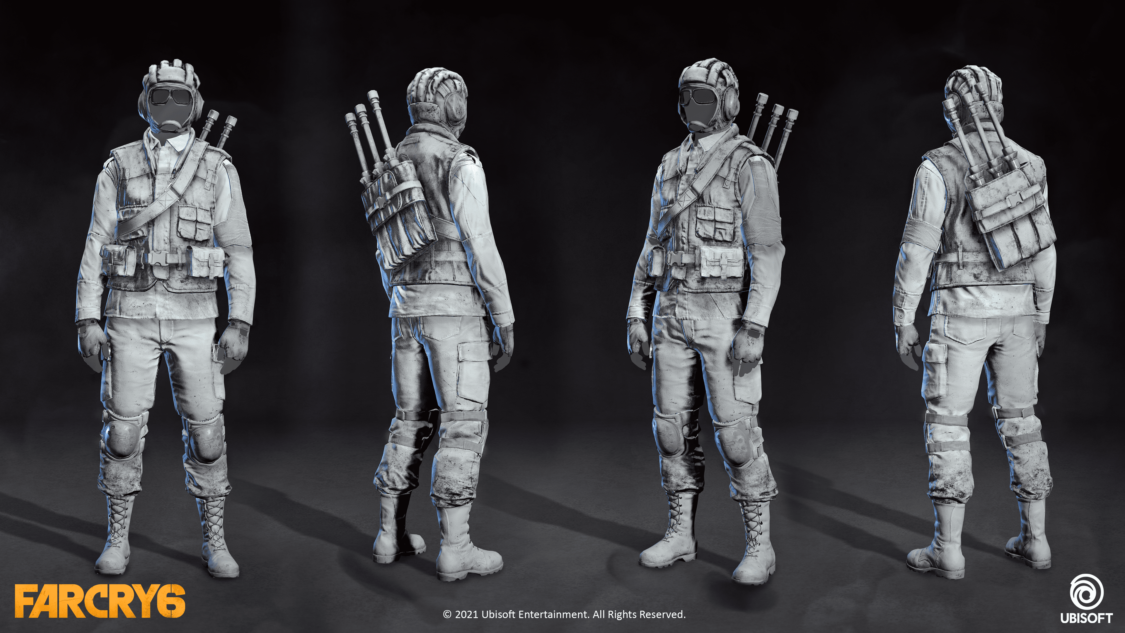Far Cry 6 art, white military suit with face mask
