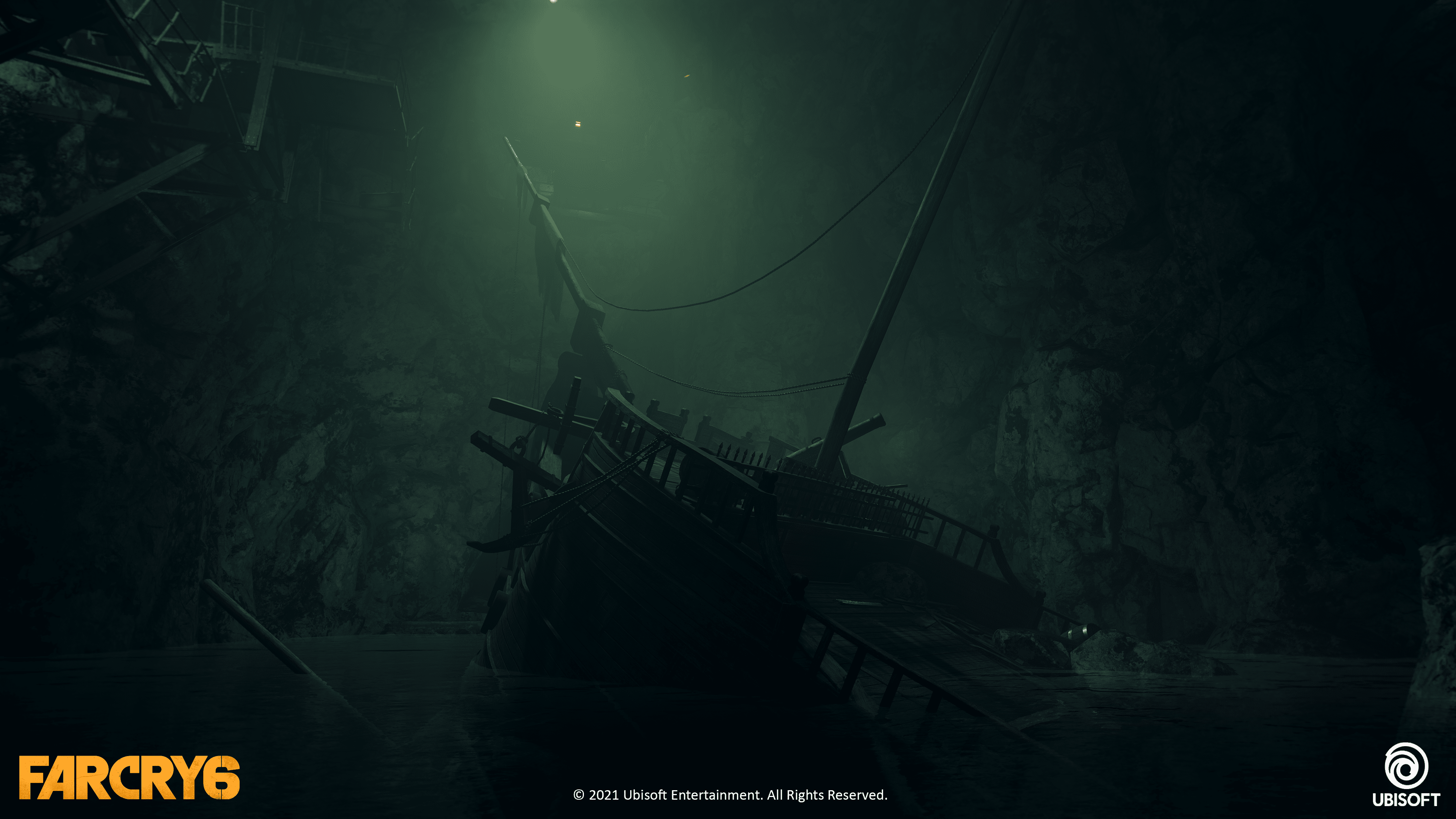 Shipwreck at bottom of ocean bathed in green light