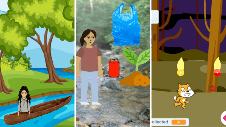 Three image composite of student made games. Picture of female cartoon character with black hair in birchbark canoe, character standing in stream with can, plastic bag and plant, and an orange cartoon cat catching fireballs.