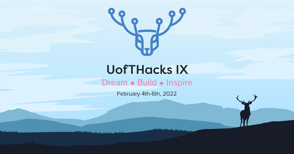 UofTHacks IX. Dream, Build, Inspire. February 4-6 2022. Text on top of image of blue sky, mountains, and outline of moose.