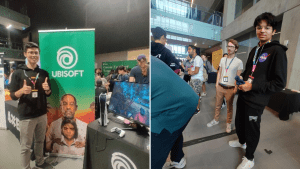 Left: Bill Zhang, Tools Programmer poses in front of Far Cry 6 banner. Right: Frederico Schuh, Network Programmer, and Jake Huxell, Gameplay Programmer, chat with students.