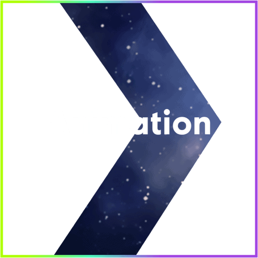 Animation heading overlayed on right arrow image in an outlined square with a green to purple gradient