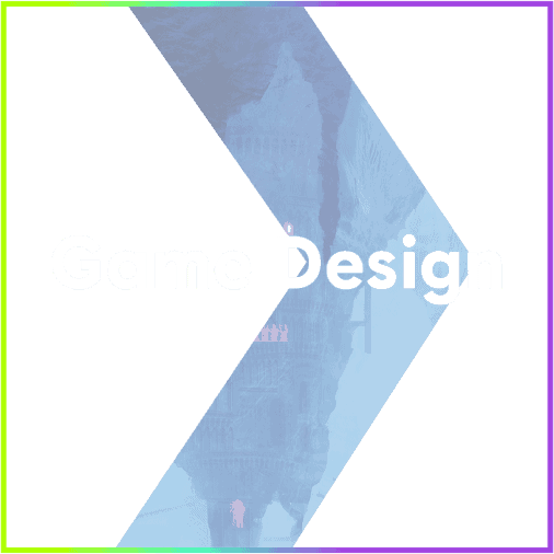 Game Design heading overlayed on right arrow image in an outlined square with a green to purple gradient