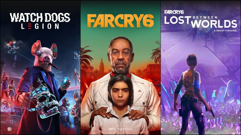 Key game art for Watch Dogs Legion, Far Cry 6 and Lost Between Worlds